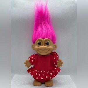 Russ Berrie My Lucky Troll Valentine's Day Red Dress W/Hearts 6” Pink Hair Rare
